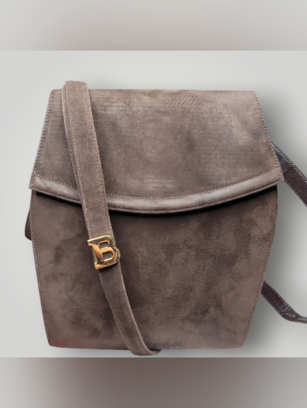Bally Brown Vintage Suede Crossbody with Adjustable Gold 'B' Accent Good Conditi